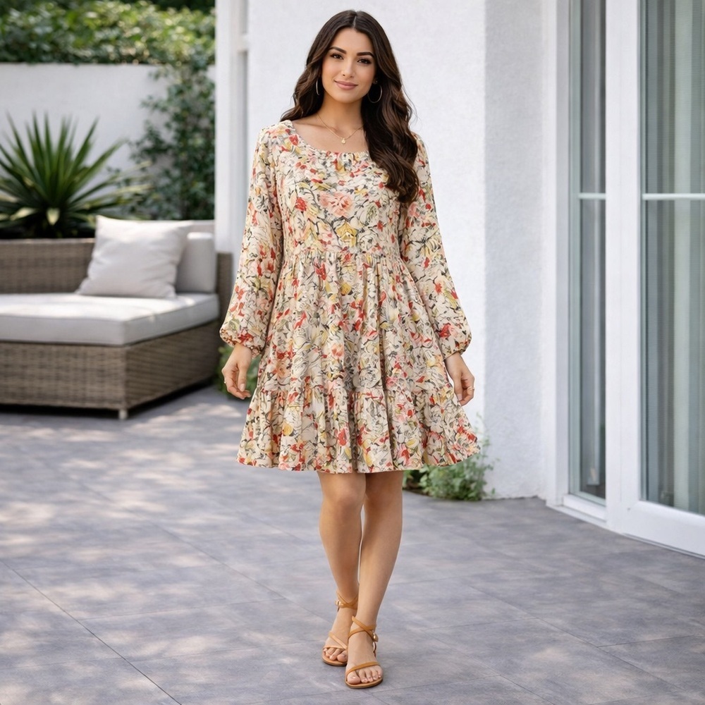 31 Sons de Mode Prairie Dress Floral Pleated Swing Flowy  Long Sleeves Size M